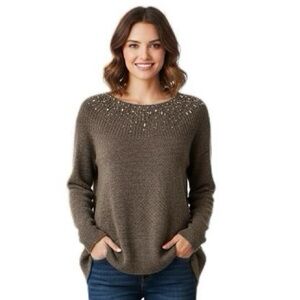 Apt. 9 Brown Rhinestone Pearl Beaded Sparkle Long Sleeve Pullover Sweater NWOT M